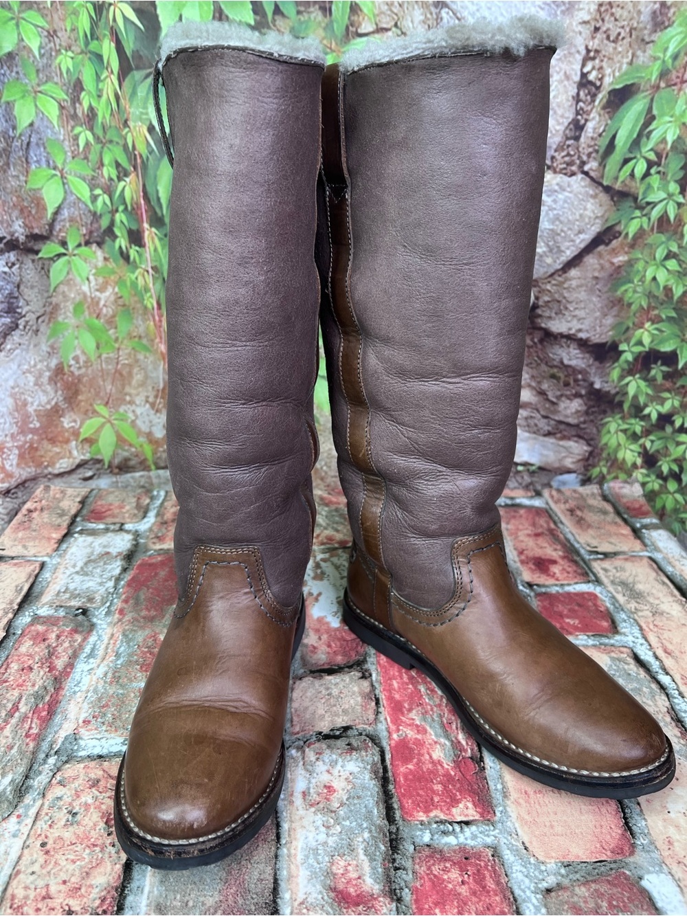 FRYE Tan and Brown Sherpa Lined Shearling Log Sole Tall Riding Boots, 5.5 - Picture 7 of 16